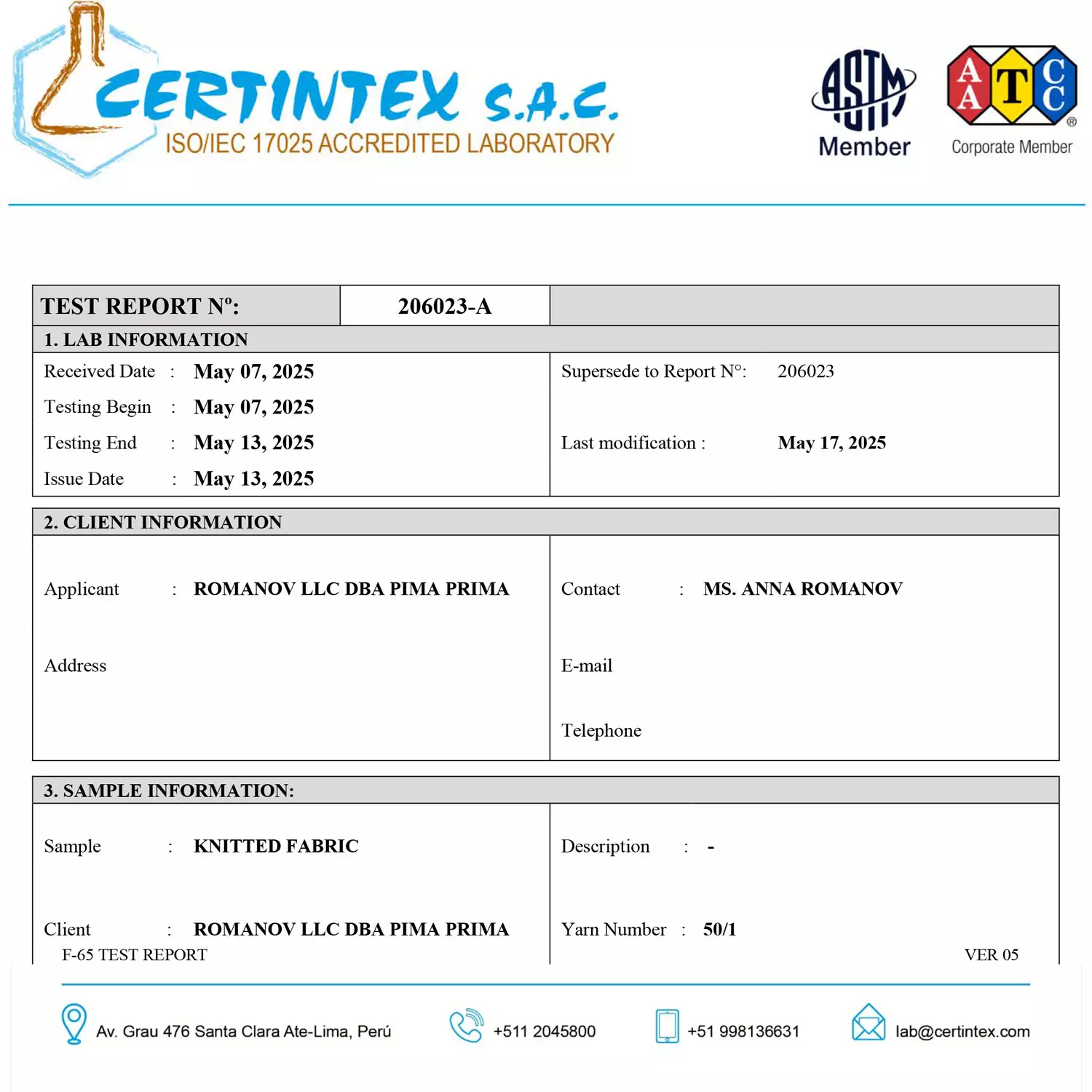 Certintex Lima ELS Cotton LAB 2025